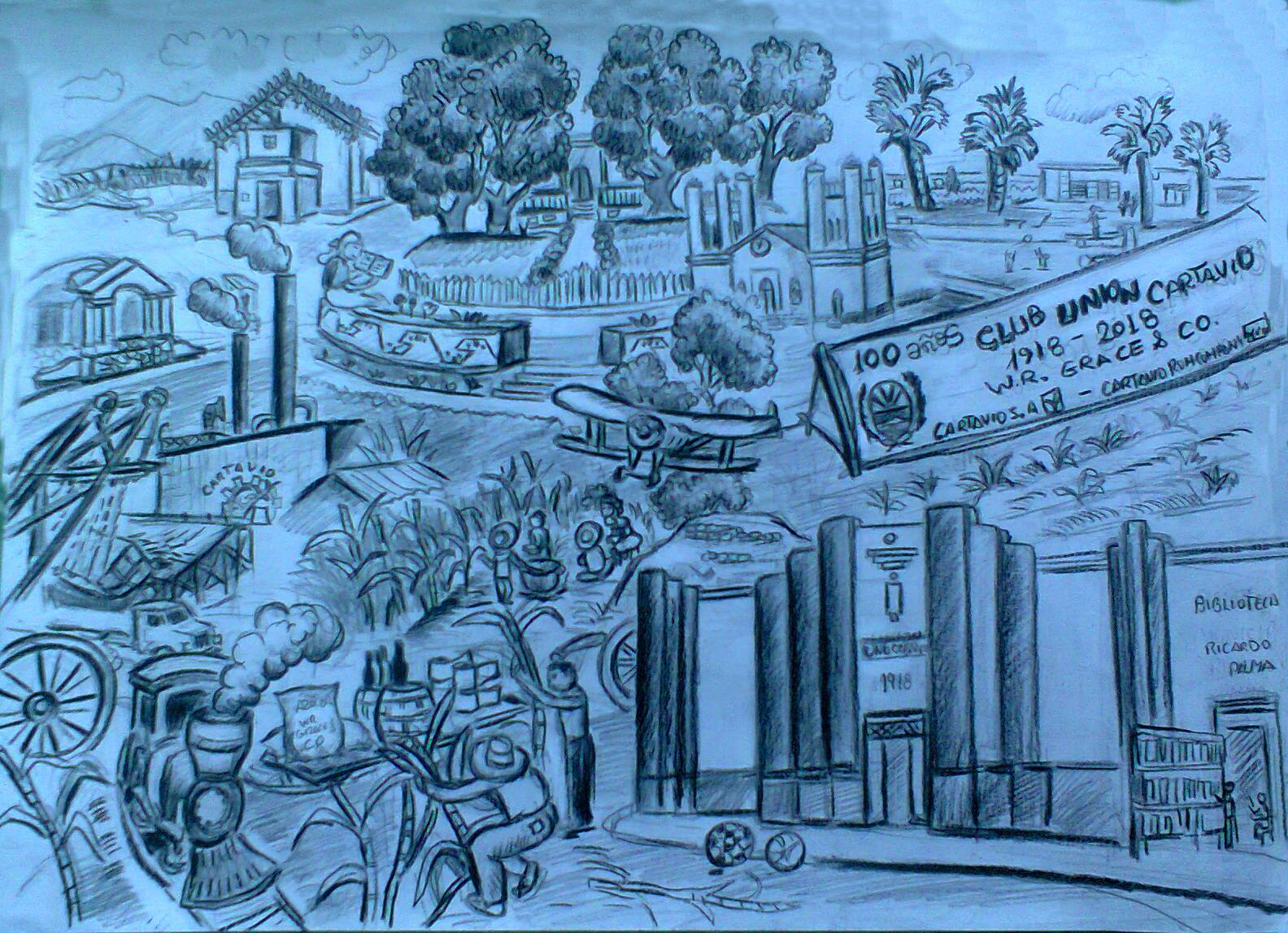 Los íconos de Cartavio resumidos en esta imagen: El cine, la casa hacienda, la iglesia San José, el club los sauces, el casino de
empleados, plaza la concordia, el ingenio azucarero, cañaveral y sus contratados, la huaca; arriba la nave Nieuport 28, la misma que volara Douglas Campbell héroe norteamericano quien trabajara por el desarrollo de Cartavio, ondeando banderola de los
próximos 100 años de nuestro Club Unión Cartavio; la casona del Club Unión Cartavio y su biblioteca Ricardo Palma, junto los 
balones de fútbol y vóley; rueda tipo engranaje, locomotora; los derivados de la caña: azúcar, ron, papel; hombres cortando caña.