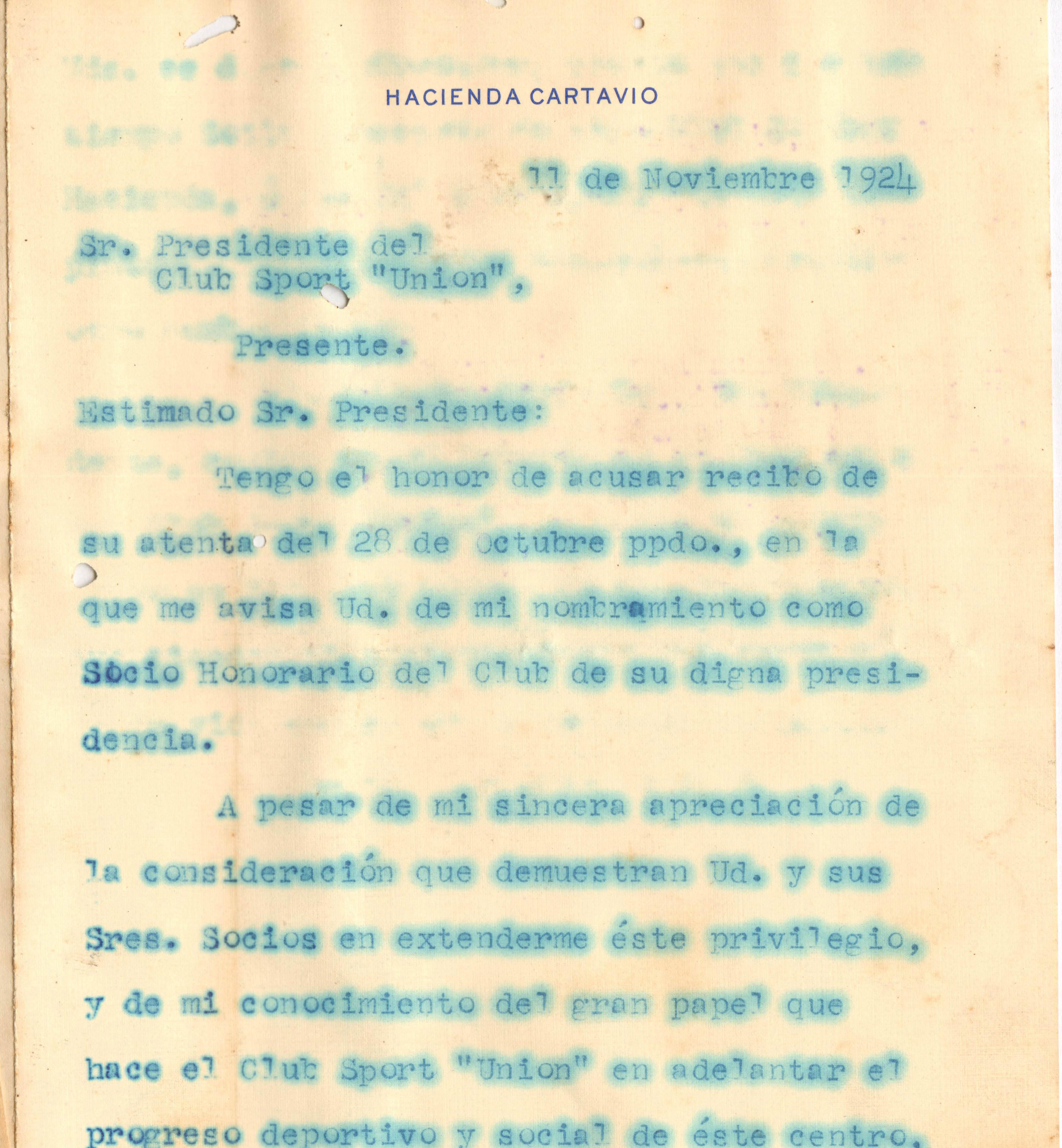 Carta de Douglas Campbell al Club Unin Cartavio