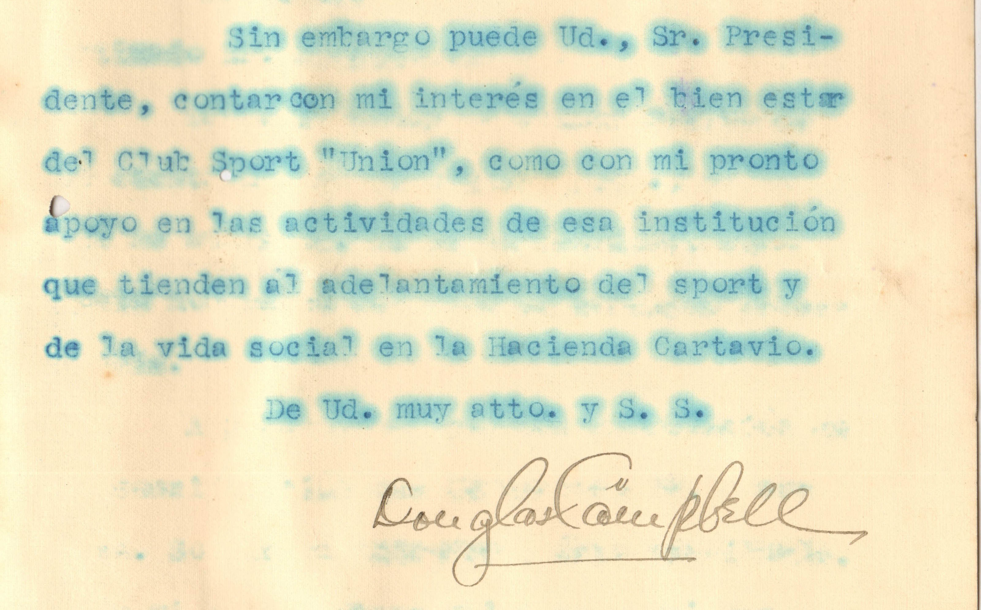 Carta de Douglas Campbell al Club Unin Cartavio