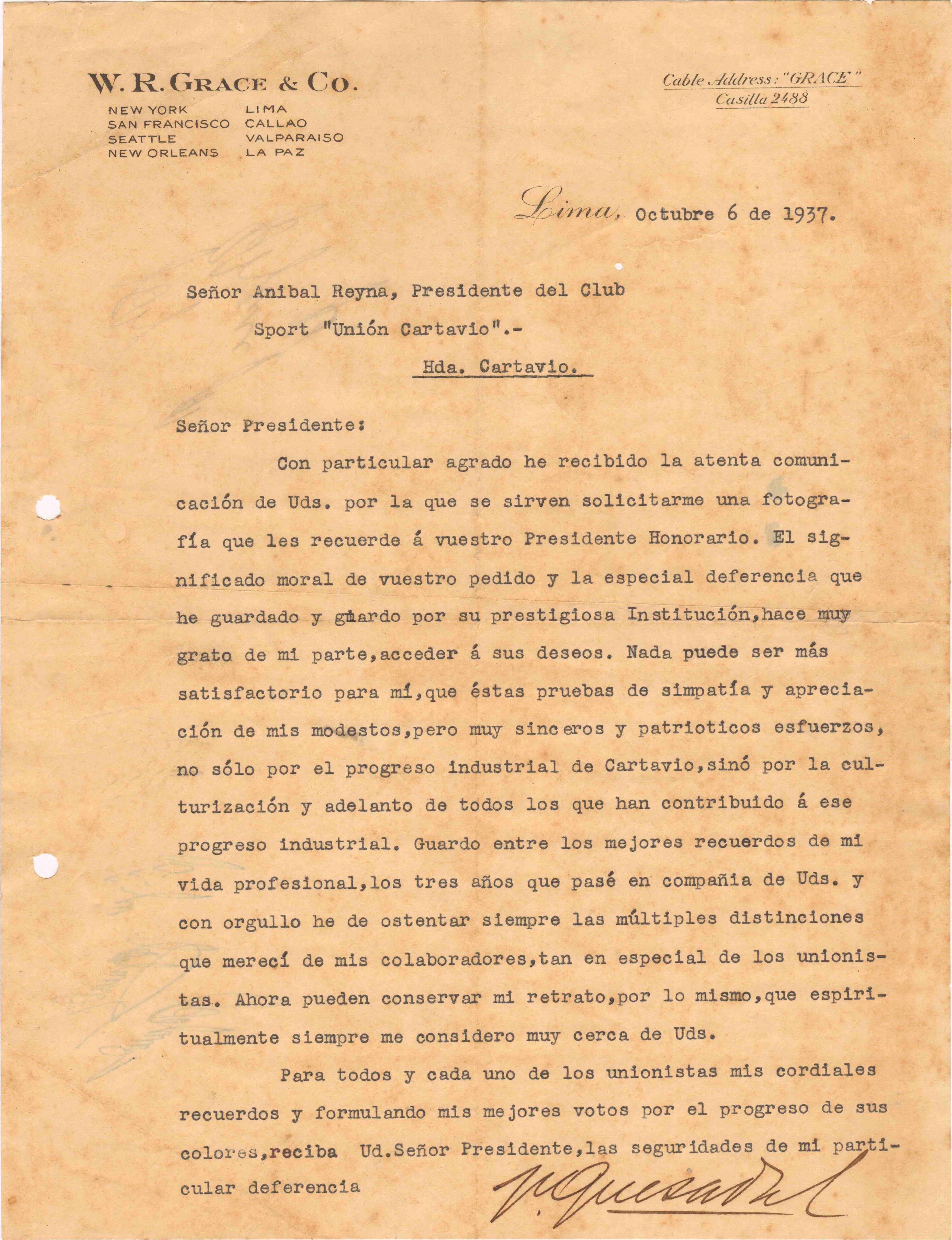 La cariñosa carta de Valentín Quesada Larrea 
a nuestro querido Club Unión Cartavio Valentin Quesada Larrea