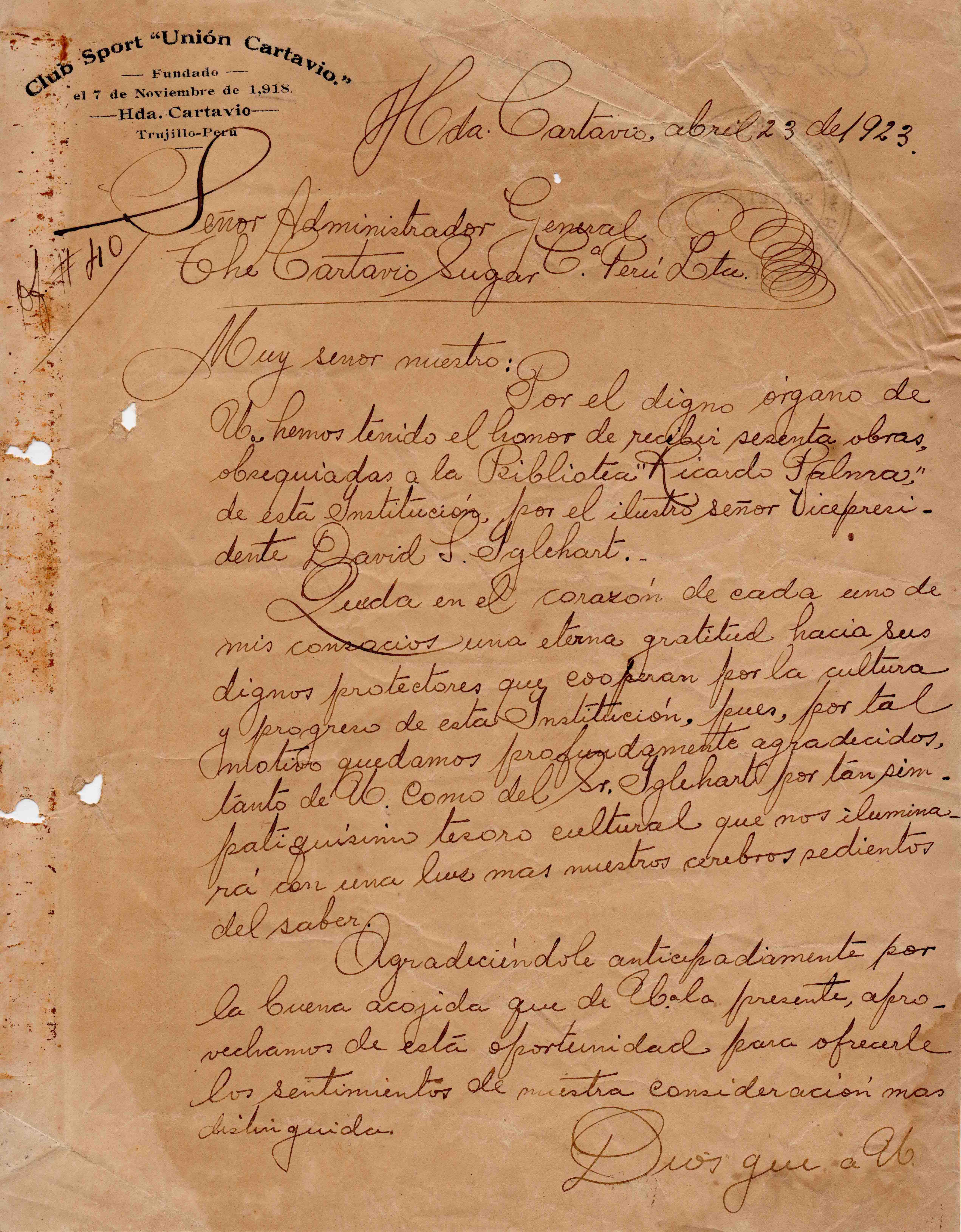 Secretaría Unión Cartavio agradece, al reverso se ve firma y sello del 
Sr. Velásquez, indicando es copia del original Secretaría Unión Cartavio agradece