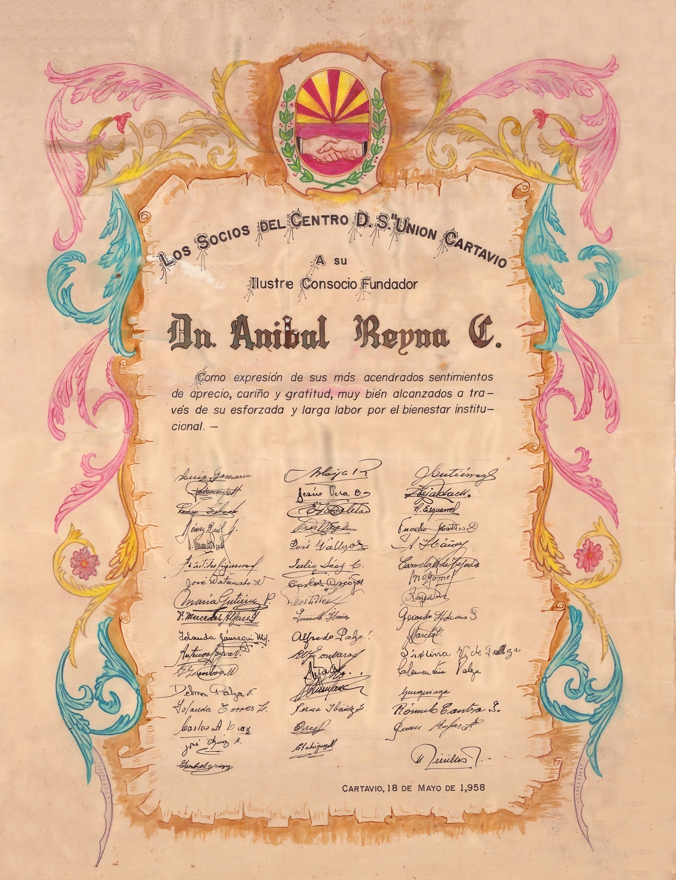 Hermoso pergamino entregado a Don Aníbal Reyna Castillo
por su despedida del Club Unión Cartavio, 1958.  Aníbal Reyna Castillo